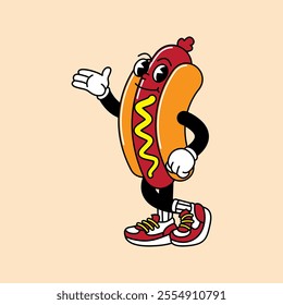 Hotdog retro mascot with hand and foot. Hotdog, sausage, and Fast Food Retro vintage mascot cartoon stickers with funny comic characters and gloved hands.