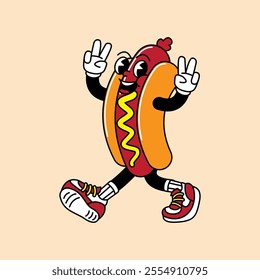 Hotdog retro mascot with hand and foot. Hotdog, sausage, and Fast Food Retro vintage mascot cartoon stickers with funny comic characters and gloved hands.