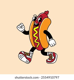 Hotdog retro mascot with hand and foot. Hotdog, sausage, and Fast Food Retro vintage mascot cartoon stickers with funny comic characters and gloved hands.