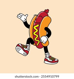 Hotdog retro mascot with hand and foot. Hotdog, sausage, and Fast Food Retro vintage mascot cartoon stickers with funny comic characters and gloved hands.