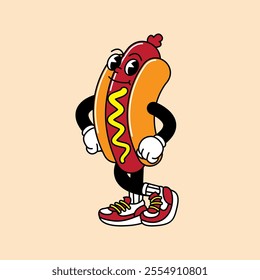 Hotdog retro mascot with hand and foot. Hotdog, sausage, and Fast Food Retro vintage mascot cartoon stickers with funny comic characters and gloved hands.