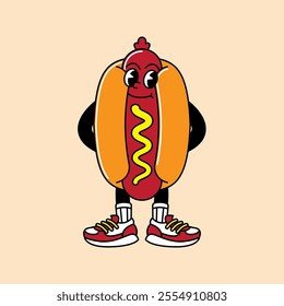 Hotdog retro mascot with hand and foot. Hotdog, sausage, and Fast Food Retro vintage mascot cartoon stickers with funny comic characters and gloved hands.