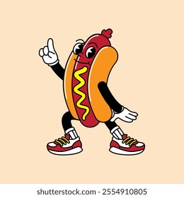 Hotdog retro mascot with hand and foot. Hotdog, sausage, and Fast Food Retro vintage mascot cartoon stickers with funny comic characters and gloved hands.