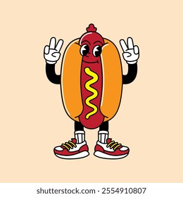 Hotdog retro mascot with hand and foot. Hotdog, sausage, and Fast Food Retro vintage mascot cartoon stickers with funny comic characters and gloved hands.