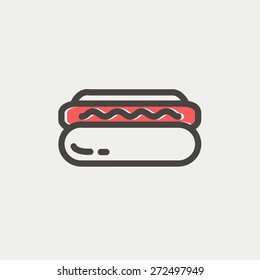 Hotdog sandwich icon thin line for web and mobile, modern minimalistic flat design. Vector icon with dark grey outline and offset colour on light grey background.