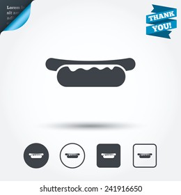 Hotdog sandwich with mustard icon. Sausage symbol. Fast food sign. Circle and square buttons. Flat design set. Thank you ribbon. Vector