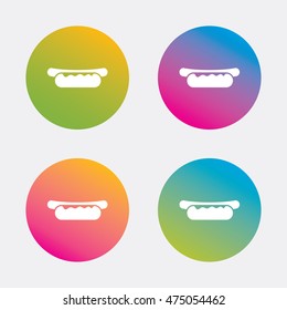 Hotdog sandwich with mustard icon. Sausage symbol. Fast food sign. Gradient flat buttons with icon. Modern design. Vector