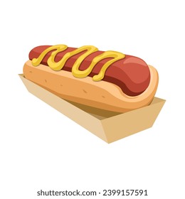 Hotdog Sandwich With Mustard Sauce On Paper Food Tray. Fast Food Menu Cartoon illustration Vector