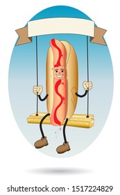 hotdog with sauce on french fries swing with banner for text