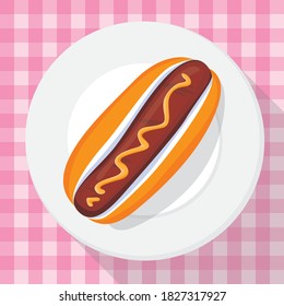 hotdog Sausage Bread In a white plate on a pink background cartoon vector illustration 