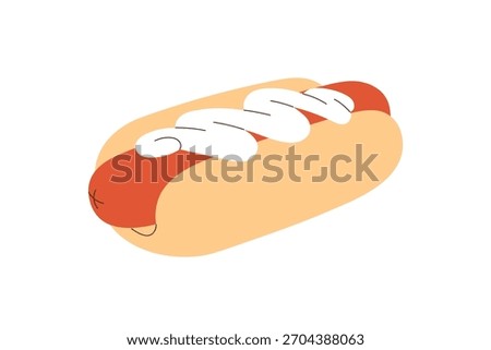 Hotdog with sausage inside, mayo sauce topping. Hot-dog, frankfurter between filling buns. Long American sandwich, unhealthy snack, fast food. Flat vector illustration isolated on white background