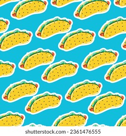 Hotdog with sausage and mustard. Funny vector seamless pattern, flat sandwich, fast food, 90s style.