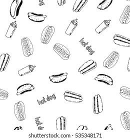 Hotdog seamless background hand drawn art. Fast food continuous pattern from sketchy hot dogs, plastic bottles and text labels randomly placed on white. Easy editable eps8 vector illustration.