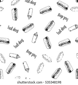 Hotdog seamless background hand drawn art. Fast food continuous pattern from sketchy hot dogs, plastic bottles and text labels randomly placed on white. Easy editable eps8 vector illustration.