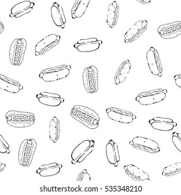 Hotdog seamless background hand drawn art. Fast food continuous pattern from sketchy hot dogs randomly placed on white. Easy editable eps8 vector illustration.