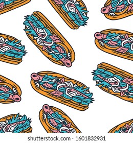 Hot-Dog Seamless Pattern. Hot-Dog. Hot-Dog Dirty Art Style. Hot-Dog Multi-colored Seamless Pattern on white background isolated. Stock Vector Illustration. Cartoon style.