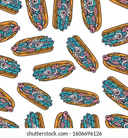 Hot-Dog Seamless Pattern. Hot-Dog. Hot-Dog Dirty Art Style. Hot-Dog Bright Seamless Pattern on white background isolated. Stock Vector Illustration. Cartoon style.