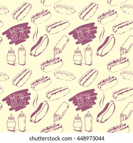 Hotdog seamless pattern hand drawn. Fast food design element. Seamless texture from sketches of hotdogs with sauce, mayonnaise and vegetables. EPS8 vector illustration.