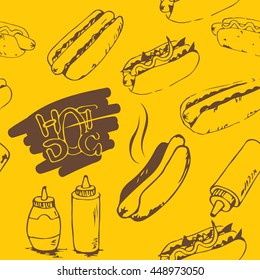Hotdog seamless pattern hand drawn. Fast food design element. Seamless texture from sketches of hotdogs with sauce, mayonnaise and vegetables. EPS8 vector illustration.