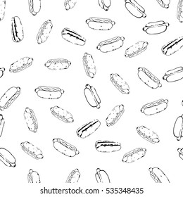 Hotdog seamless pattern hand drawn art. Fast food continuous background from sketchy hot dogs randomly placed on white. Easy editable eps8 vector illustration.