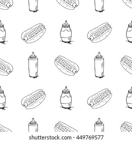 Hotdog seamless texture. Fast food pattern. Continuous background from hand drawn sketches. Hot dogs and plastic bottles with mustard and mayonnaise. EPS8 vector illustration.
