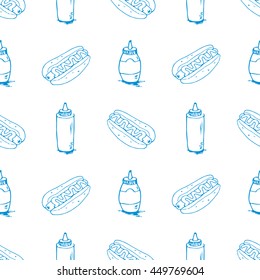 Hotdog seamless texture. Fast food pattern. Continuous background from hand drawn sketches. Hot dogs and plastic bottles with mustard and mayonnaise. EPS8 vector illustration.