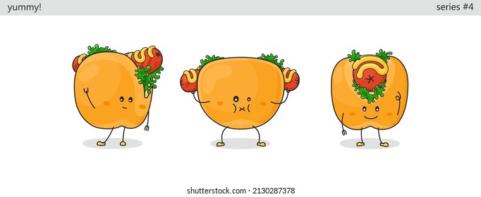 Hotdog. Set of cute kawaii characters. Funny cartoon fast food icons in different situations. Vector comic style graphics