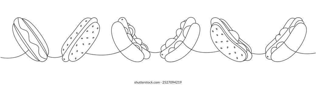 Hotdog estableció un dibujo continuo de una línea. Sabrosa comida rápida. Ilustración lineal de Vector.
