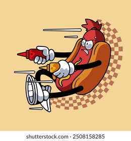 Hotdog Shoot the Sauce Mascot Character Illustration Vintage