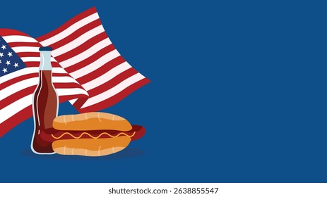 Hotdog and soda with waving American flag on blue background for 4th of July