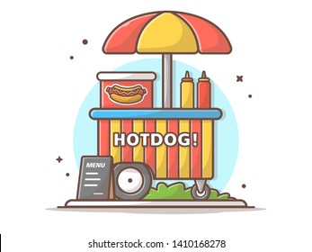 Hotdog Stand Fast Food Street Shop with Hot Dog, Sauce and Mustard Vector Illustration. Flat Cartoon Style Suitable for Web Landing Page,  Banner, Flyer, Sticker, Wallpaper, Card, Background