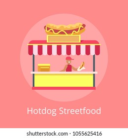 Hotdog street food kiosk, poster with person selling hot dogs made of bun, sausage ketchup and mustard, amusement park sellers vector illustration