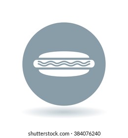 Hotdog takeout icon. Hotdog fastfood sign. Wiener and roll takeaway symbol. White icon on cool grey circle background. Vector illustration.