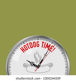 Hotdog Time. White Vector Clock with Motivational Slogan. Analog Metal Watch with Glass. Vector Illustration Isolated on Solid Color Background. Sausage on Fire Icon.