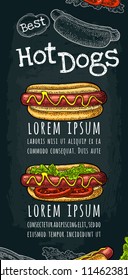 Hotdog with tomato, mustard, leave lettuce. Top and side view. Vector color vintage engraving illustration for poster, menu, web. Isolated on dark background.