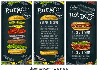 Hotdog with tomato, mustard, leave lettuce and burger with flying ingredients. Vector color vintage engraving illustration. Isolated on dark background. Vertical template menu, poster, menu, banner