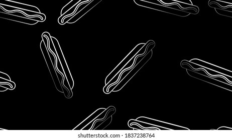 hotdog us black background, vector illustration, pattern. bun with sausage, ketchup. favorite snack. wallpaper for restaurant, cafe, kitchen decor. black and white picture in chalk drawing style.