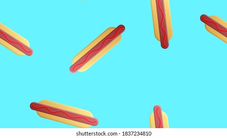 hotdog us blue background, vector illustration, pattern. bun with sausage, ketchup. favorite snack. wallpaper for restaurant, cafe, kitchen decor. cooking area decoration.