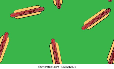 hotdog us green background, vector illustration, pattern. bun with sausage, ketchup. favorite snack. wallpaper for restaurant, cafe, kitchen decor. design of fast food restaurant, roadside cafe.