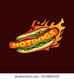Hotdog vector with delicious sauces on top ketchup and mustard. Hot and playful character illustration. can use for quick service restaurants or a cafe or hot dog stand as a logo or graphic element.