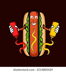 Hotdog vector with delicious sauces on top ketchup and mustard. Hot and playful character illustration. can use for quick service restaurants or a cafe or hot dog stand as a logo or graphic element.