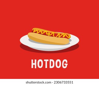 Vector Hotdog. Comida rápida de Estados Unidos y Alemania. Pan con salchicha y salsa amarilla encima.