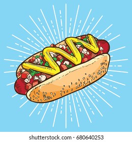 Hotdog vector illustration, hand drawn hot dog illustration