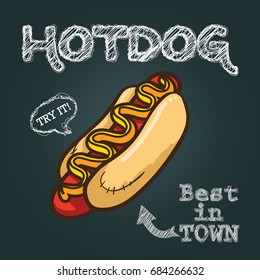 Hotdog vector illustration, hand drawn hot dog illustration, hot dog vector poster