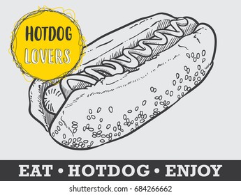 Hotdog vector illustration, hand drawn hot dog illustration, hot dog vector poster
