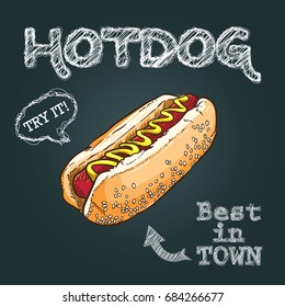 Hotdog vector illustration, hand drawn hot dog illustration, hot dog vector poster