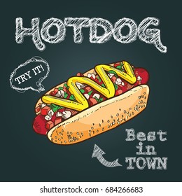 Hotdog vector illustration, hand drawn hot dog illustration, hot dog vector poster