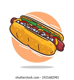 Hotdog Vector Illustration Tomato Vegetables and Meat Slices With Cheese Culinary Drawing Food With Minced Onion and Big Sausage