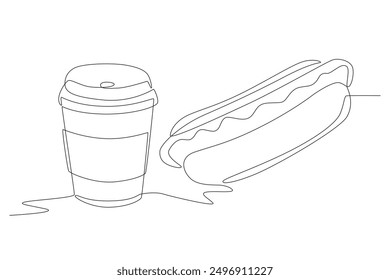 Hotdogs and coffee. Fast food concept one-line drawing