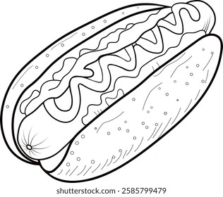Hotdogs coloring page, outline, simple hotdog drawing vector illustration design